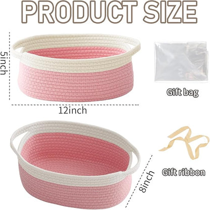 JMvicyroam Woven Basket,Small Rope Storage Bin with Handles & Ribbon Bag, Organizer for Shelves Closets,Gift Basket Empty for Birthday,Books,Dog Toys, White&Pink