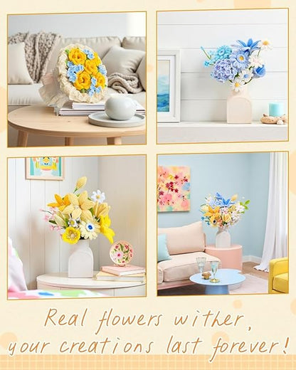 500 Yellow & Blue Pipe Cleaners Flower kit(Candy-Colored),Chenille Stems for DIY Art Projects Creative Gift,Pipe Cleaners Craft with tutoria,Pearls,Pompoms,Green Floral Wires,Stamen
