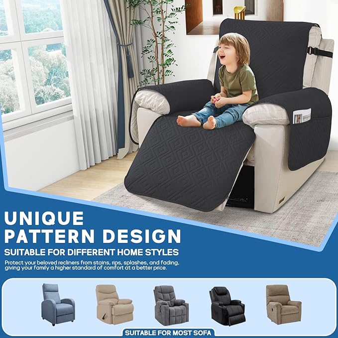 XINEAGE 100% Waterproof Recliner Cover, Non Slip Recliner Chair Cover with Elastic Band, Washable Recliner Slipcover with Storage Pockets for Kids, Pets (Black, 23")