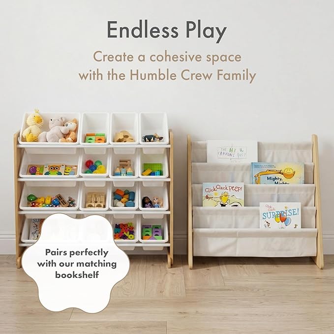 Humble Crew Toy Storage Organizer with 16 Removable Storage Bins for Kids Playroom, 4-Tier Toddler Toy Organization and Storage, Natural Wood/White