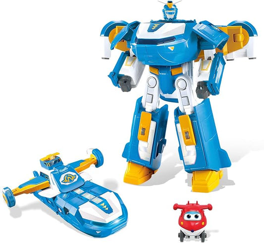 Super Wings 3-in-1 World Aircraft Transforming Robot with Light and Sound Effects, with a 2‘’ Transformable Robot Jett, Transformable Toy Role Play Toys for Kids, Gifts for Boys & Girls Age 3+ Blue