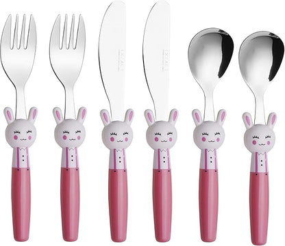 Exzact Children Flatware Pink Rabbit 6pcs Stainless Steel, Kids Silverware Toddler Utensils - BPA Free, Dishwasher Safe, 24M+