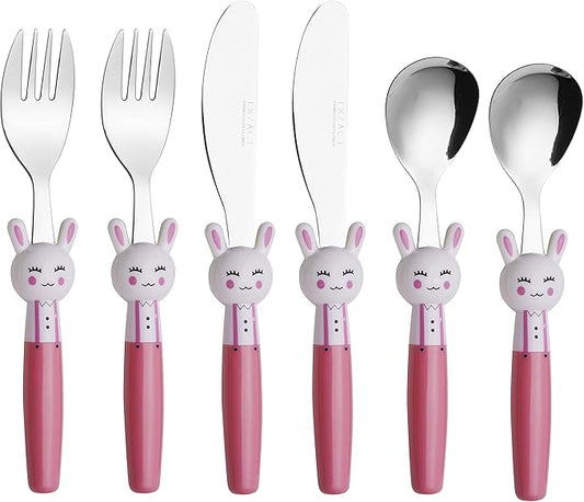Exzact Children Flatware Pink Rabbit 6pcs Stainless Steel, Kids Silverware Toddler Utensils - BPA Free, Dishwasher Safe, 24M+
