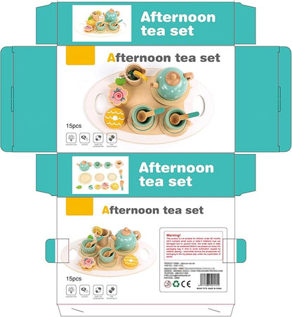 GAGAKU Wooden Tea Set for Little Girls,Wooden Toys Toddler Tea Set Play Kitchen Accessories for Kids Pretend Play Food Playset for Kids Tea Party 15Pcs