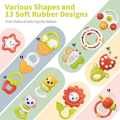 Cuterabit 2 in 1 Sit to Stand Baby Walker with Music and Light, 12PCS Baby Rattles Toys Set with Storage Case, Teething Toys for Newborns