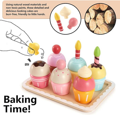 HERSITY Wooden Cupcakes Toys Pretend Play Food Desserts Kids Baking Set, Kitchen Playset for Toddlers 3-5, Tea Party for Little Girls Cooking Games Age 3 4 5 Years Old Girls Boys