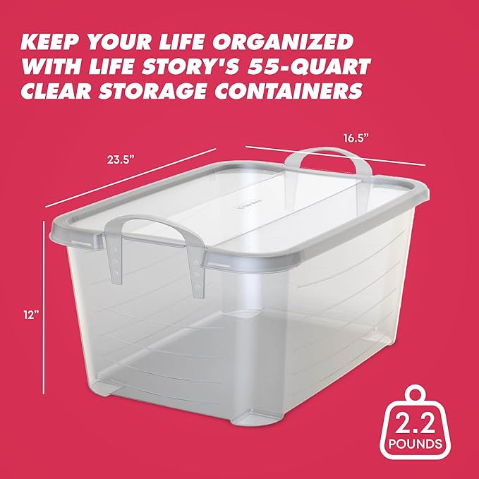 Life Story 6 Pack Light Duty Stackable Storage Bin, 55 Quart Home Organizer, Versatile Lightweight Locking Bins with Carrying Handles, Clear