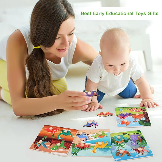 Wooden Peg Puzzles for Toddlers 1-3, Kids Educational Preschool Peg Puzzle Toy Ages 2-4, Set of 4 Dinosaur Toddler Puzzles, Ideal Gift for Ages 1 2 3 4 Boys and Girls