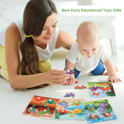 Wooden Peg Puzzles for Toddlers 1-3, Kids Educational Preschool Peg Puzzle Toy Ages 2-4, Set of 4 Dinosaur Toddler Puzzles, Ideal Gift for Ages 1 2 3 4 Boys and Girls