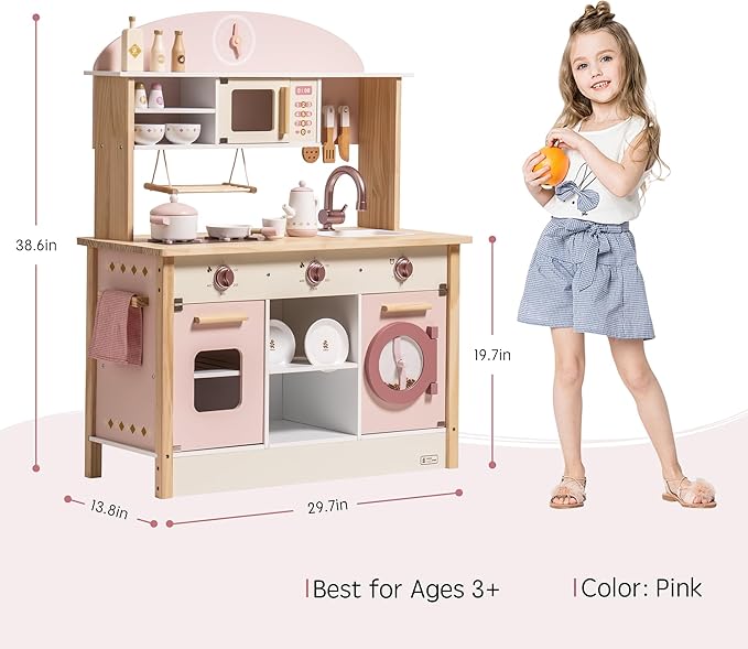 ROBUD Play Kitchen for Kids Toddlers, Wooden Play Kitchen with Realistic Accessories, Toy Kitchen Set with Plenty of Play Features, Modern Style Toy Kitchen for Girls & Boys, Gift for Ages 3+, Pink