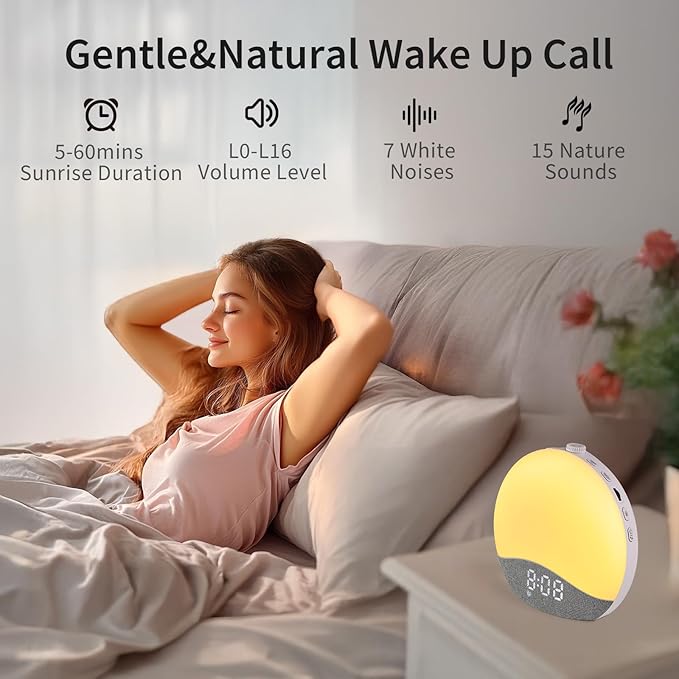 Sunrise Alarm Clock Sound Machine, Upgraded Backlit Buttons, 26 Soothing Sounds, White Noise Machine Night Light, Bluetooth Speaker Wake Up Light for Bedroom, Heavy Sleeper, Adults, Kids