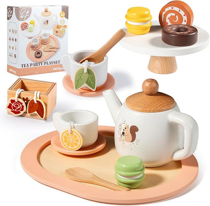 OMYBaby Wooden Tea Set for Little Girls, 19pcs Tea Party Playset with Teapot, Tea Cups, Dessert Stand, Macaroons, Cakes & Tray, Tea Time Playset Pretend Play Kitchen Toys Gift for Girls & Toddlers 3Y+