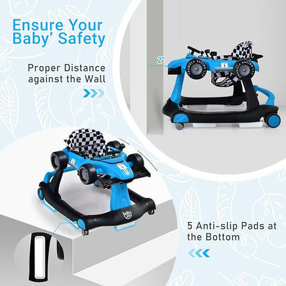 BABY JOY 4-in-1 Baby Walker, Foldable Activity Walker with Adjustable Height & Speed, Music, Lights, Anti-Rollover, Toddler Push Walker, Baby Walker with Wheels for Boys Girls 6-18 Months (Blue)