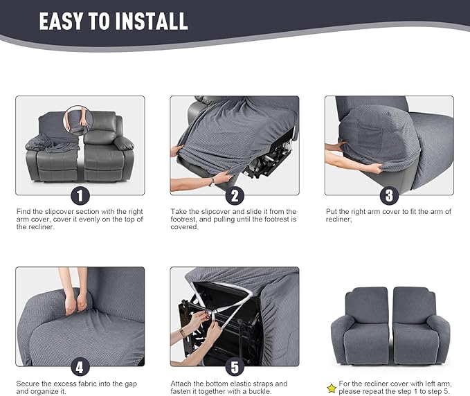 KinCam Recliner Covers, Stretch Reclining Chair Covers, Recliner Sofa Slipcovers Stripe Jacquard Recliner Couch Covers Furniture Protector Covers for Pet Kid (2 Seater, Dark Gray)