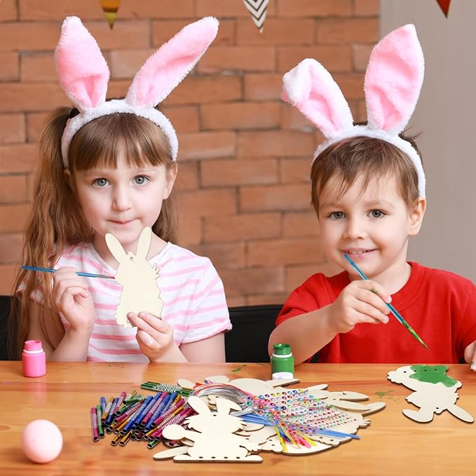 Fennoral 24 Pack Bunny Wind Chime Kit for Kids Make You Own Easter Rabbit Wind Chimes DIY Coloring Wooden Easter Craft for Girls Boys for Easter Hanging Ornaments Easter Party Decoration