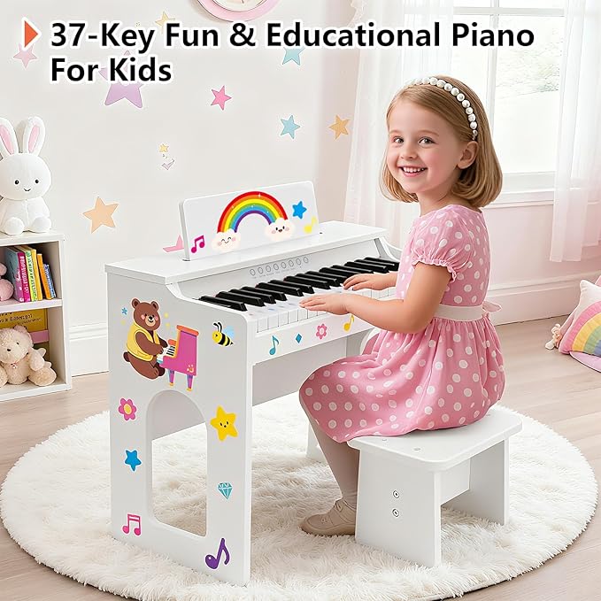 Kids Piano Keyboard, 37 Keys Wooden Digital Piano for Kids with Bench,Song Book, DIY Stickers, Cover, Education Creative Musical Instruments Toy for Boys & Grils Gifts