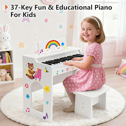 Kids Piano Keyboard, 37 Keys Wooden Digital Piano for Kids with Bench,Song Book, DIY Stickers, Cover, Education Creative Musical Instruments Toy for Boys & Grils Gifts