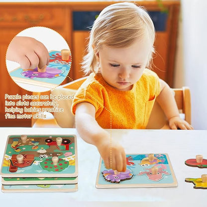 Wooden Toddler Puzzles, Funsland Peg Puzzles Gifts Toys, 4 Pcs Eco Friendly Animal Patterns Jigsaw with Handles, Infant Kid Fine Motor Skill Learning Educational Montessori Puzzles for 1 2 3 Years Old