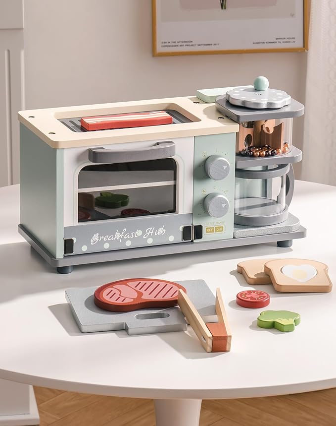 ROBOTIME Play Kitchen Toys Accessories - Wooden Breakfast Machine Kitchen Toy for Kids with Coffee Maker and Pretend Play Food Sets - Kitchen Playset Appliances Toy for Toddlers (Mint Green)