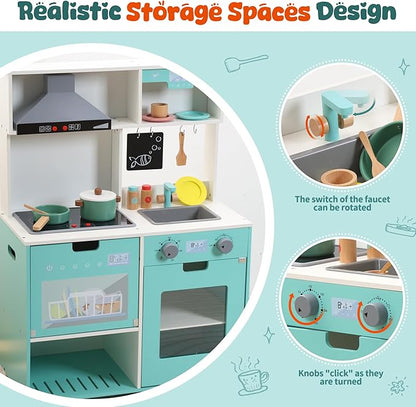 CUTE STONE Play Kitchen for Kids, Wooden Kitchen Playset with Real Lights & Sounds, Toy Kitchen Set with Cookware Accessories, Chef Pretend Play Kitchen Set for Toddlers Girls Boys