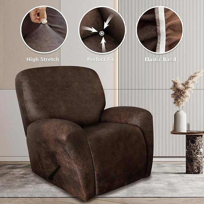 Leather Look Recliner Chair Covers Stay in Place 4-Piece Lazy Boy Recliner Slipcovers for Reclining Chair Furniture Protector Spandex Fabric Washable (X-Large, Dark Brown)