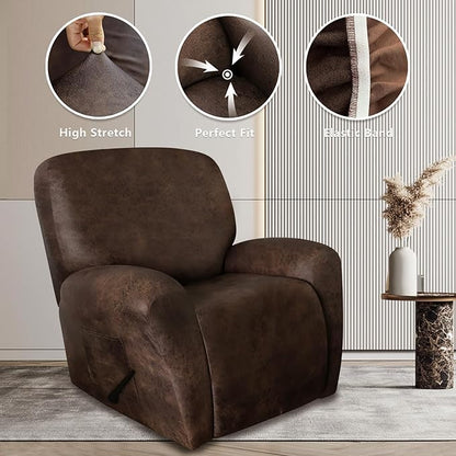 Leather Look Recliner Chair Covers Stay in Place 4-Piece Lazy Boy Recliner Slipcovers for Reclining Chair Furniture Protector Spandex Fabric Washable (X-Large, Dark Brown)