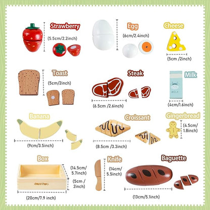 Wooden Bakery Toy Food Breakfast Set for Kids,Pretend Play Food Kitchen Accessories with Crates,Fake PlaySets Montessori Toys,Toddlers Cutting Food Gift for Boys and Girls Ages 2+
