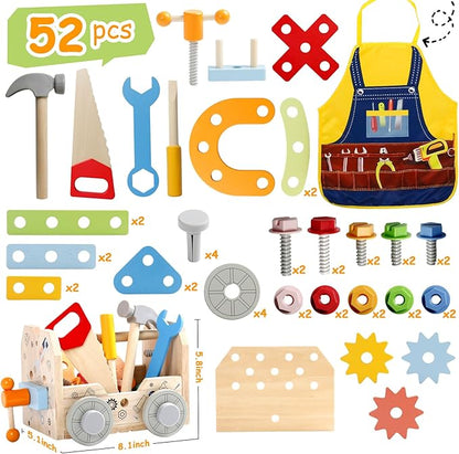 Kids Tool Set, Wooden Toddler Tools Bench Toys for 2 3 Year Old Boys Girls, Montessori Toys for Ages 2-4 STEM Educational Construction Toys for 3 4 5 Year Old Birthday Gift for Toddlers (52 PCS)
