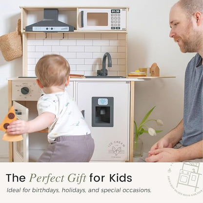 Tiny Land Play Kitchen for Kids, Wooden Kids Play Kitchen Playset Chef Pretend Play Set for Toddlers with Real Lights & Sounds, Toys Kitchen with 18 Pcs Toy Food & Cookware Accessories