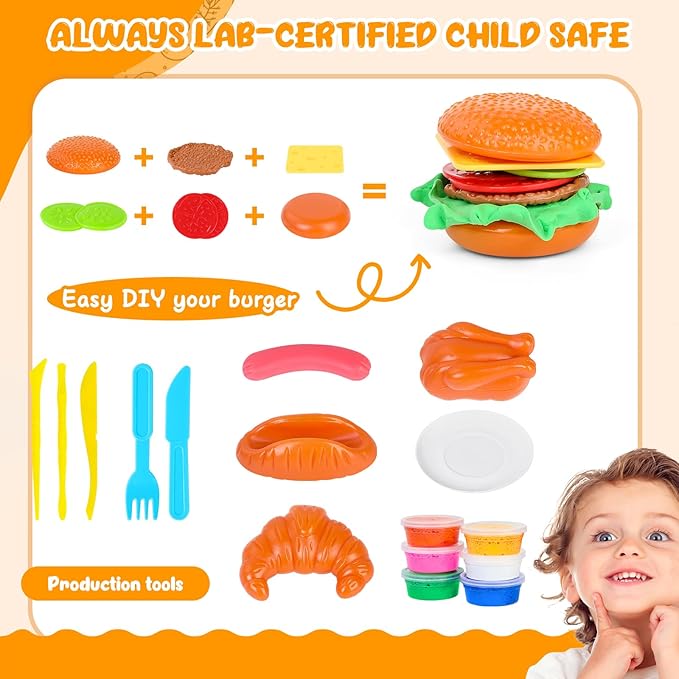 Microwave Kitchen Play Set with Light Sound for Kids with Pretend Fake Food and 6 Color DIY Play-Dough Clay Great for Toddlers 3 and Older Grils and Boys (Blue)