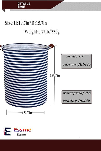 Essme Kids Laundry Hamper,Boys laundry basket,Collapsible Bule storage basket with Waterproof PE Coating,Canvas Fabric Nursery Hamper for Kids Room Decor,Gift,Baby Clothing.(Navy Blue stripes)