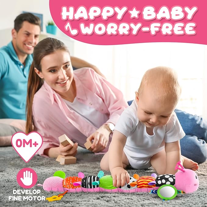 AWOTOY Baby Toys 0-6-12 Months,Musical Caterpillar Stuffed Animals Activity Infant Toys with Crinkle,Rattles,Mirror&Pull String,Muti-Sensory Toys Gifts for Newborn Tummy Time,Candy Pink|Leafy