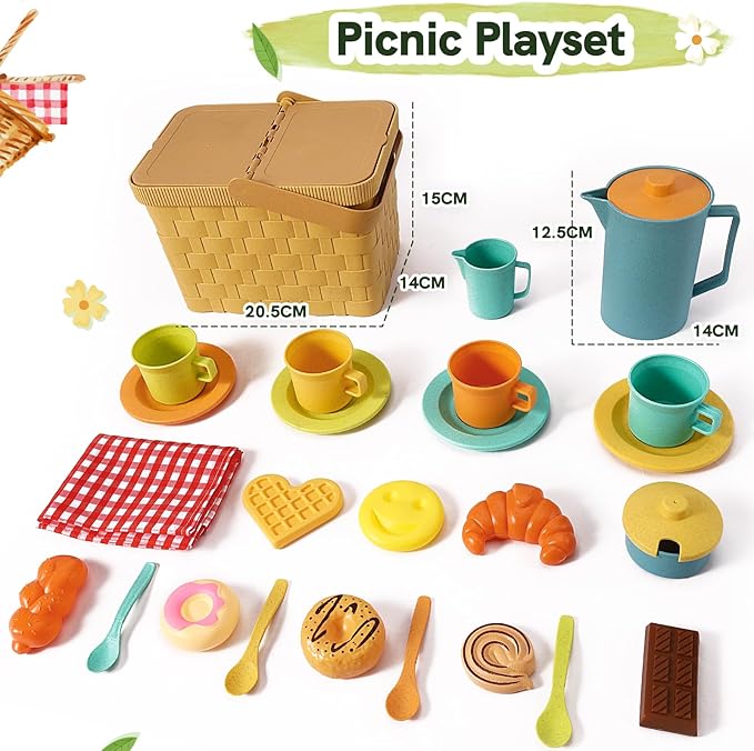 HERSITY Picnic Basket Toys for Toddlers, Kids Play Tea Sets with Teapot Tea Cup Dessert Food and Mat, Pretend Play Kitchen Accessories Tea Party Set Little Girl Boy Age 3 4 5