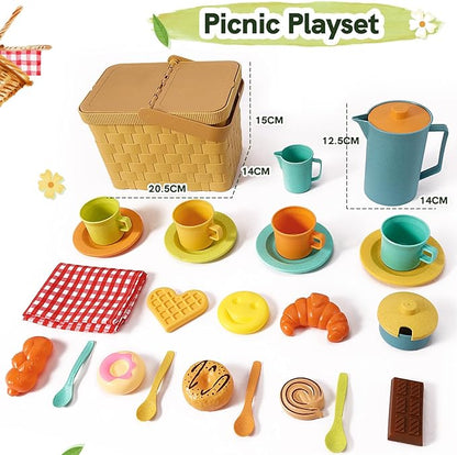 HERSITY Picnic Basket Toys for Toddlers, Kids Play Tea Sets with Teapot Tea Cup Dessert Food and Mat, Pretend Play Kitchen Accessories Tea Party Set Little Girl Boy Age 3 4 5
