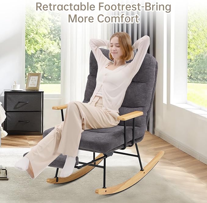 Rocking Chair with Footrest-Glider Rocker Chair with Retractable Footrest and Adjustable Backrest, Teddy Upholstered Rocking Chair Set of 2, Accent Chair for Living Room/Nursery/Bedroom/Outdoor-Grey