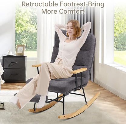 Rocking Chair with Footrest-Glider Rocker Chair with Retractable Footrest and Adjustable Backrest, Teddy Upholstered Rocking Chair Set of 2, Accent Chair for Living Room/Nursery/Bedroom/Outdoor-Grey