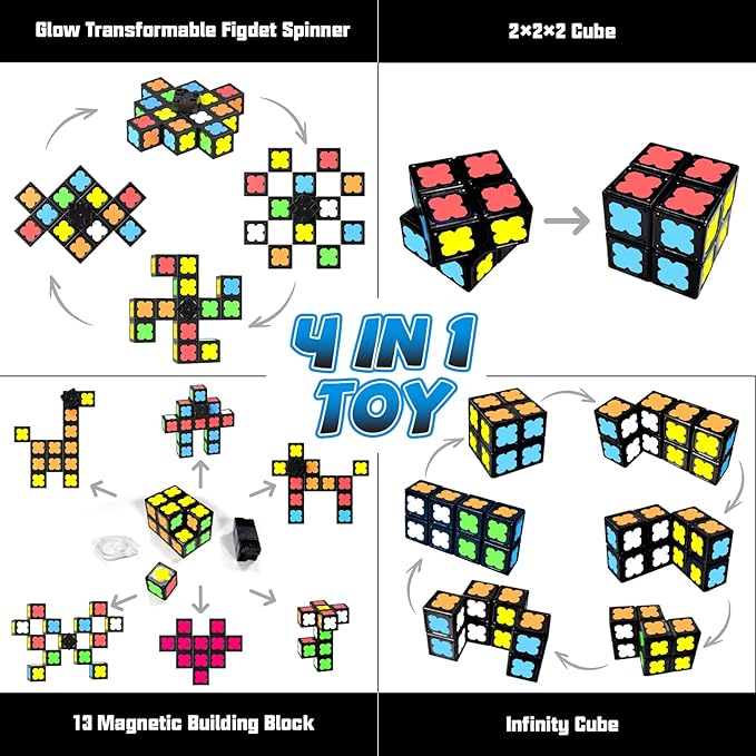 Magnetic Fidget Spinner Mini-13 Blocks, Glow Magnet Cube & Transformable Fidget Spinner & Infinity Cube & 2x2x2 Cube-4 in 1 Toy, STEM Magnetic Tiles Stress Relief Sensory Gift for Kid Boy Girl Adult