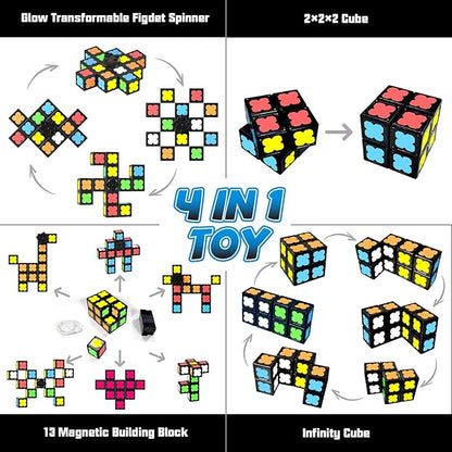 Magnetic Fidget Spinner Mini-13 Blocks, Glow Magnet Cube & Transformable Fidget Spinner & Infinity Cube & 2x2x2 Cube-4 in 1 Toy, STEM Magnetic Tiles Stress Relief Sensory Gift for Kid Boy Girl Adult