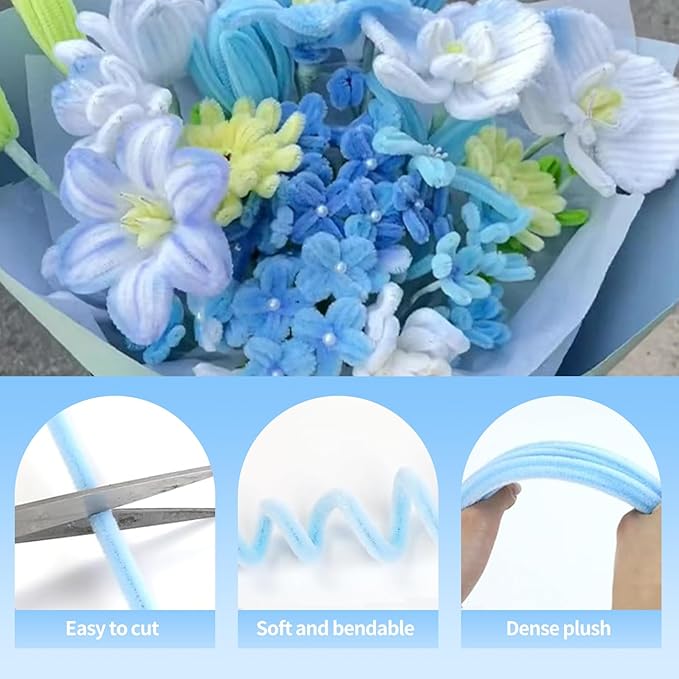 500 Pcs Pipe Cleaners Craft，5 Colors Pipe Cleaners Bulk,Chenille Stems Flowers Craft kit for DIY Handmade Bouquet Wrapping Party Decorations whit Ribbons，Stems,Tape，Stamens, Glue Sticks (Blue)
