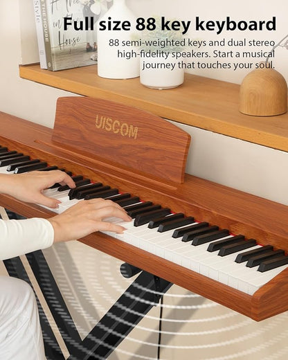 UISCOM 88 Key Digital Piano Keyboard for Beginners - Full Size Semi Weighted Wooden Electric Piano Set with Stand, Triple Pedal, Headphone,Carry Bag - Supports USB-MIDI Connecting (Wood Grain Brown)