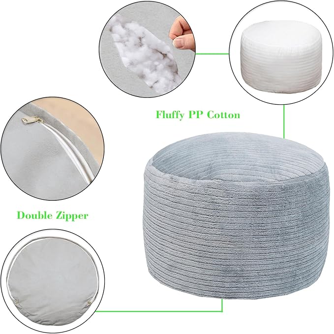 Pouf Ottoman Stuffed 20x20x12 Inches Floor Pouf Plush Fiber Ottoman Foot Rest Under Desk Foot Stool for Living Room Bedroom (Gray Stripe Pouf with Filler)