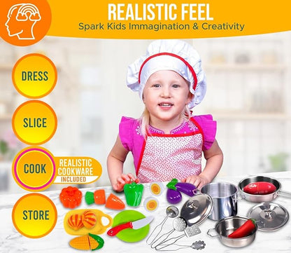 FUNERICA Toddler Kitchen Accessories Playset with Cutting Food Vegetables and Stainless-Steel Play Pots - Pretend Kids Cooking Utensils - Apron & Chef Hat - Toy Knife & Cutting Board for Girls & Boys
