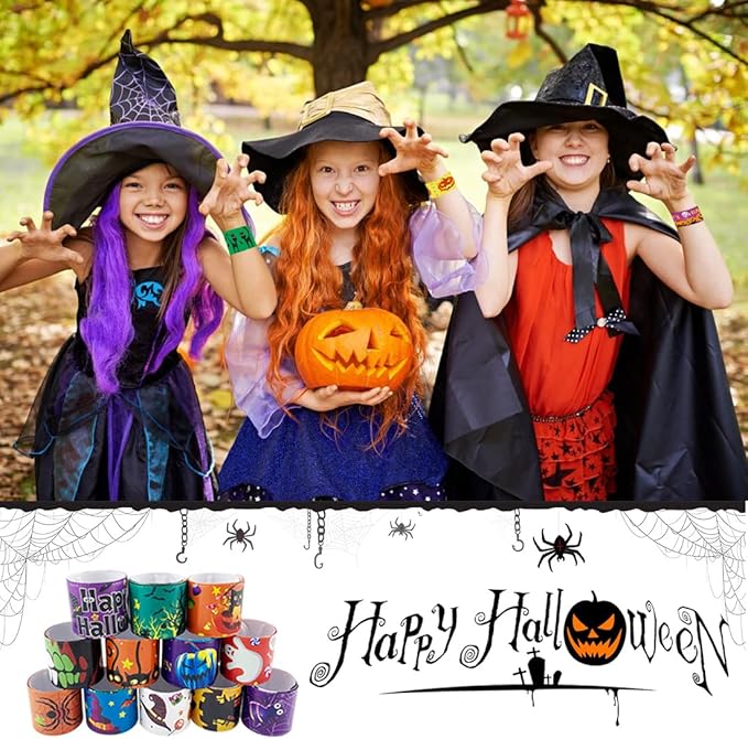 Halloween Slap Bracelet,100Pcs Slap Bracelet Wristbands with Spider Pumpkin Ghost Zombie Bat Witches Design Snap Bracelet for Kids Party Favors Toys Prizes Goodie Bags Fillers