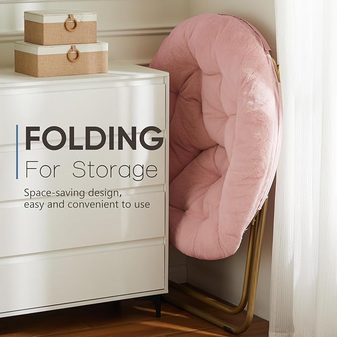 DUMOS Comfy Saucer Chairs, Faux Fur Lounge Bedroom Living Room Flexible Folding Seating for Kids Adults Soft Padded Metal Frame Modern for Home Office Pink