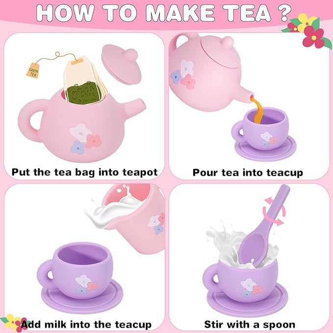 Silicone Tea Party Set for Little Girls,PRE-WORLD 25PCS Toys Toddler Tea Set with Play Food Dessert Cookies,Doughnut,Cake,Carrying Bag,Kids Kitchen Pretend Role Gifts for Girls Boys Age 3 4 5 6