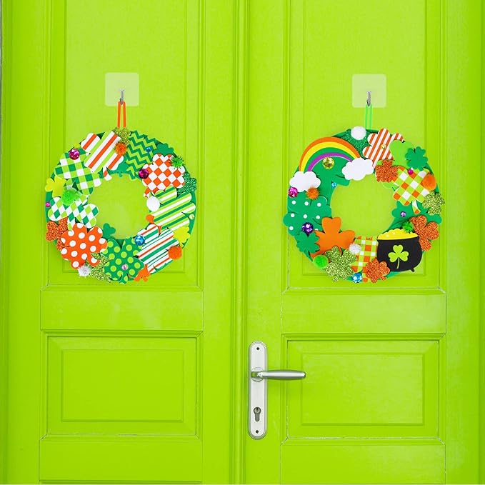 12 Sets St. Patrick's Day Shamrock Wreath Sign Decorations Foam St. Patrick's Day Craft Kits Lucky Shamrock Four-Leaf Clover Rainbow Foam Stickers for Kids Party Favors Classroom Activity Art Project