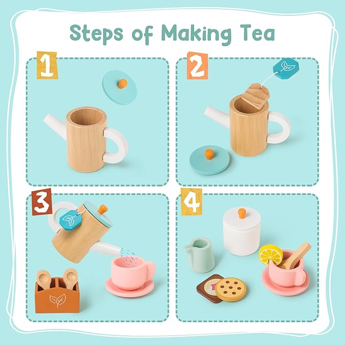 KMUYSL Toys for 2 3 4 5 Years Old, Wooden Tea Toys Pretend Toys for Little Girls, Kitchen Toy, Christmas Stocking Stuffers for Kids Age 2-4, Idea Gift for Toddlers Boys Girls
