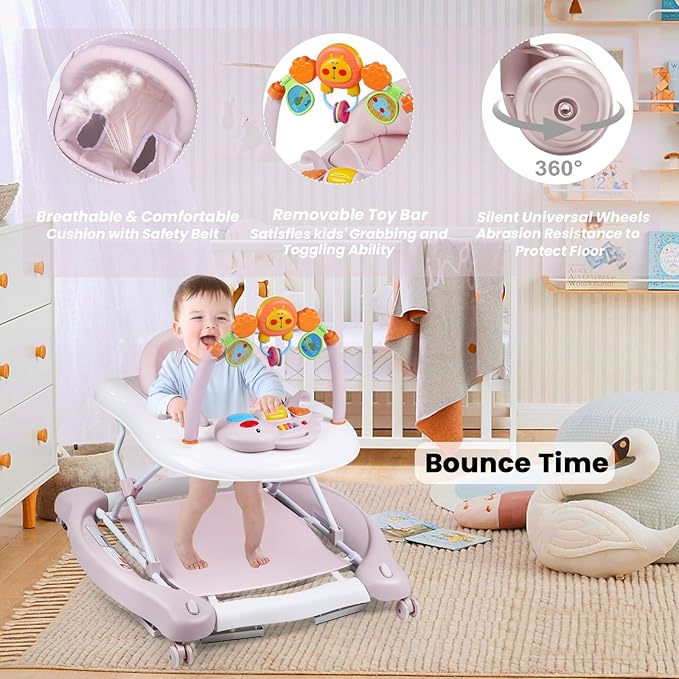 Boyro Baby Baby Walker, 5-in-1 Baby Walkers for Boys and Girls 6-12 Months with Bouncer, Removable Footrest, Feeding Tray & Music, Foldable & Adjustable Activity Walker for 6-18 Months Toddler Infant