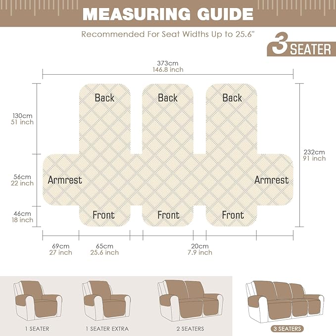 TAOCOCO Waterproof Recliner Couch Covers Sofa Slipcover for 3 Cushion Couch, Pet Sofa Cover for 3 Seat Recliner, Washable Reclining Sofa Cover Furniture Protector with Straps(3 Seater, Camel)