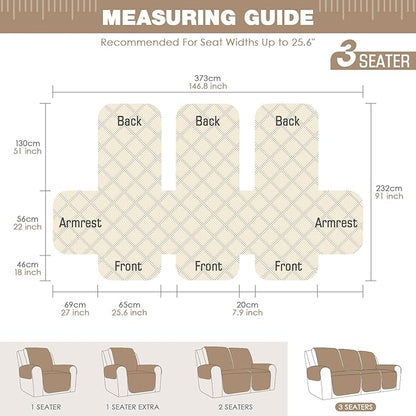 TAOCOCO Waterproof Recliner Couch Covers Sofa Slipcover for 3 Cushion Couch, Pet Sofa Cover for 3 Seat Recliner, Washable Reclining Sofa Cover Furniture Protector with Straps(3 Seater, Brown)